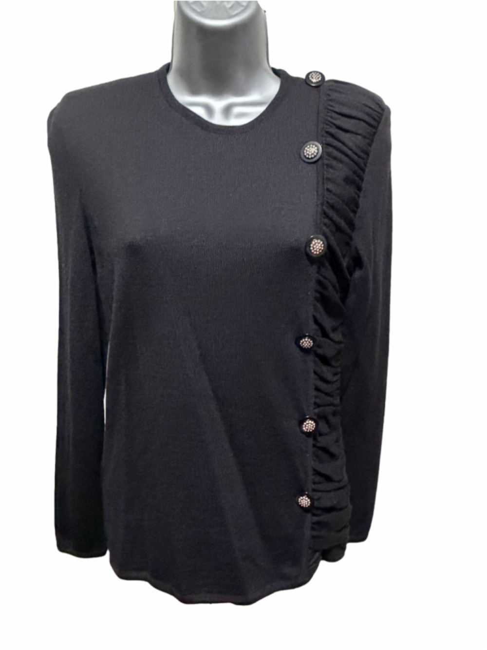 Valentino Studio Black Knit Top Crystal Buttons Ruffle Trim Made in Italy S
